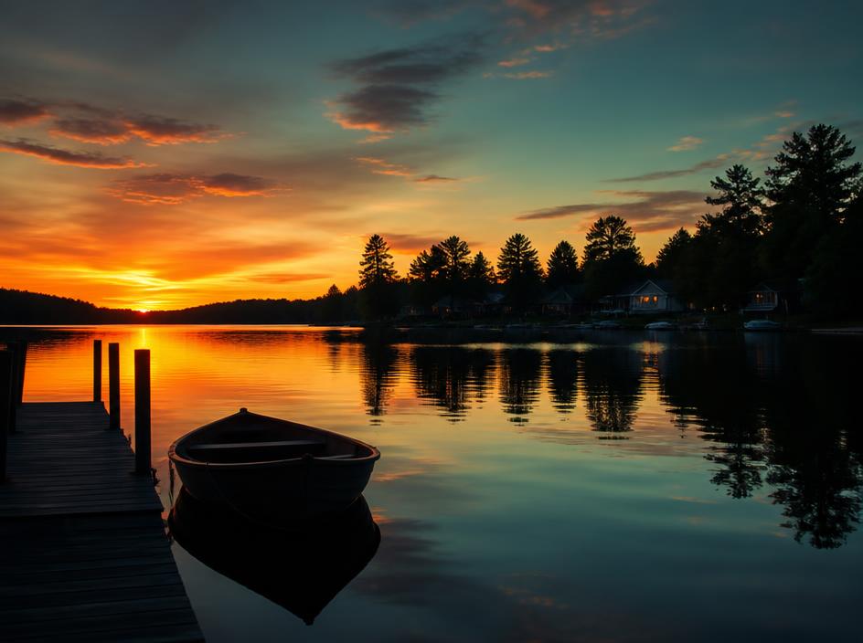 Sunset over The Highland Shores lake with a rowboat and dock